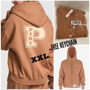 VS PINK NWT Toffee Ivy Fleece Campus Full Zip Hoodie w/FREE Card Keychain